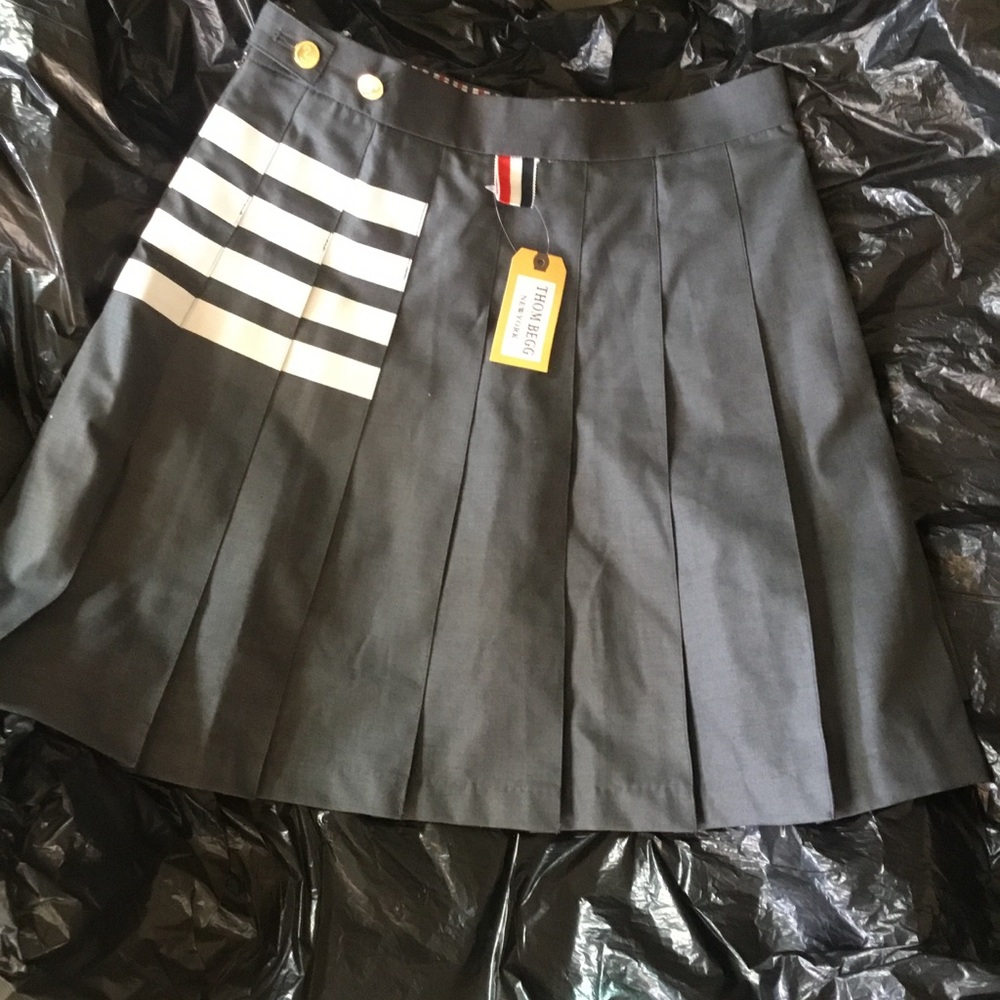 GRAY PLEATED Skirt w/white stripes and Red White+blue shorts, STRIPED RIBBONS